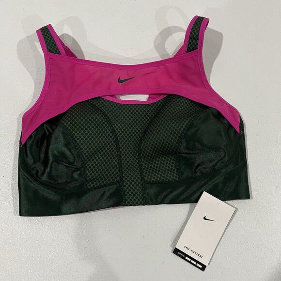 Nike Dri Fit Training Women Sports Bra Size Large New With Tags Dark Green Pink - Picture 1 of 6